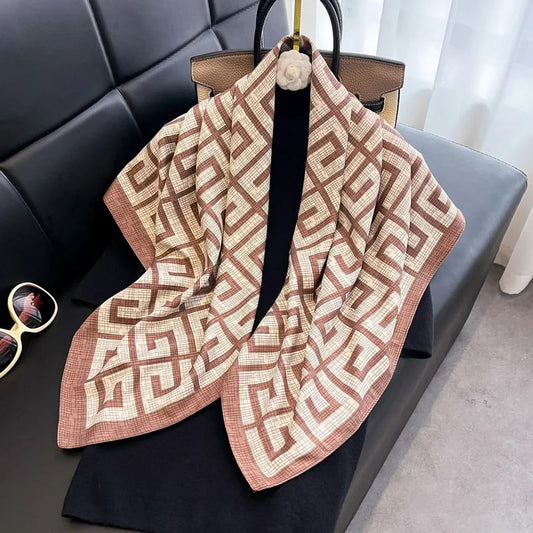Luxury Beige Geometric Printed Silk Scarf for Women – Elegant Fashion Shawl