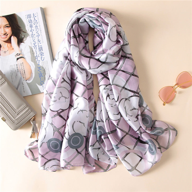Purple floral silk scarf with grey rose and lattice pattern.