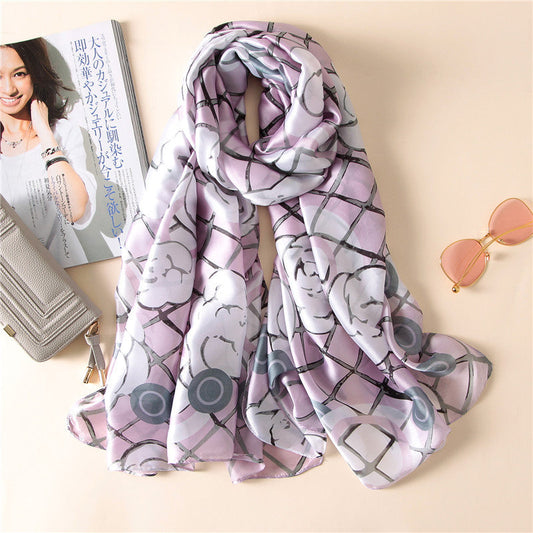 Purple floral silk scarf with grey rose and lattice pattern.