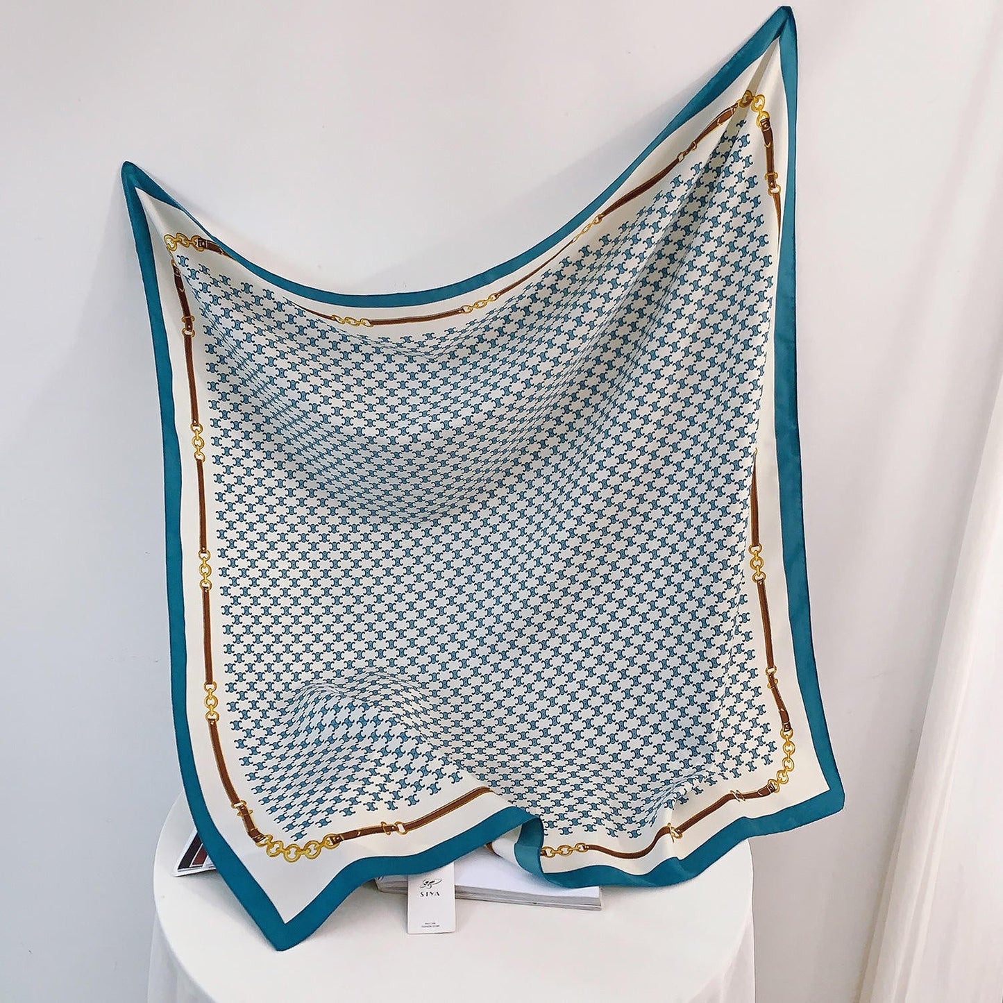 Vintage Monogram Satin Silk Scarf with Teal Border and Chain Motif
