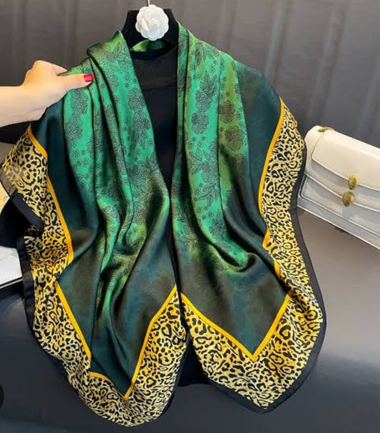Exotic Emerald & Leopard Fusion Satin Silk Scarf