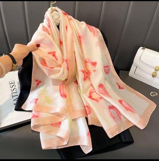 Ethereal Tulip Satin Silk Scarf in Rose and Cream