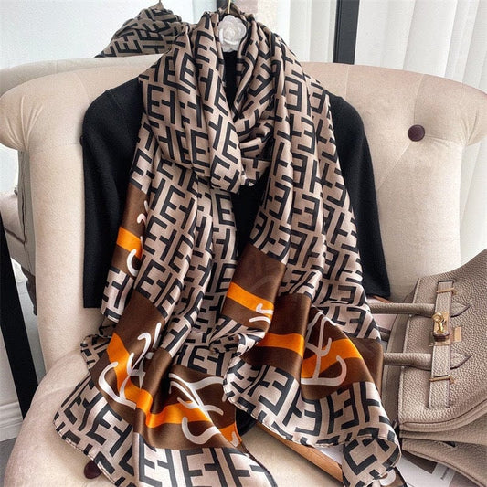 Modern Monogram Satin Silk Scarf with Ochre and Espresso Accents