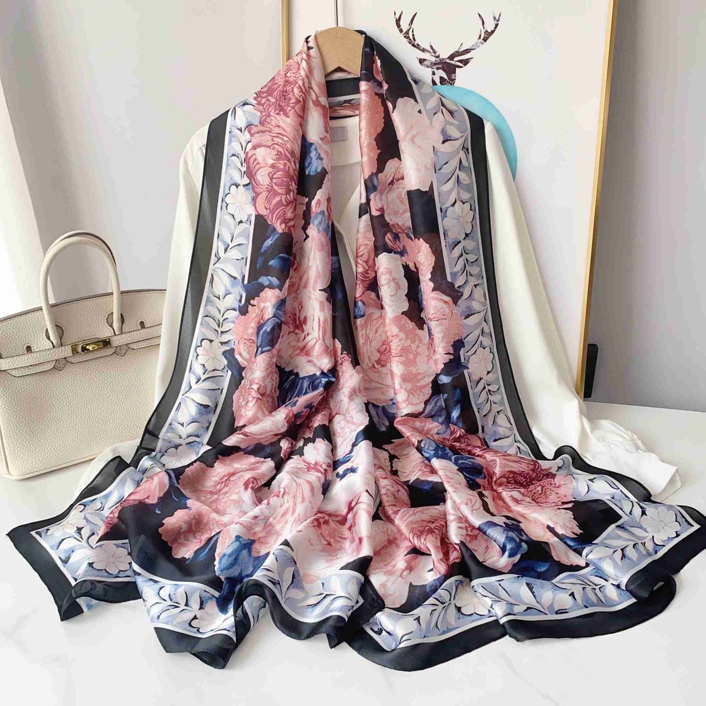 Romantic Floral Satin Silk Scarf in Dusky Rose and Midnight Black