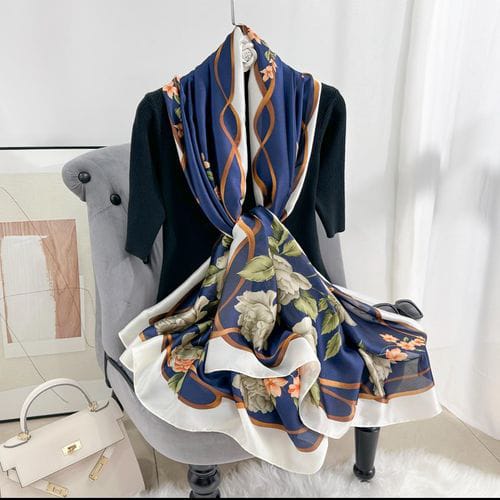 Royal Blue Floral Satin Silk Scarf with Golden Chain Details