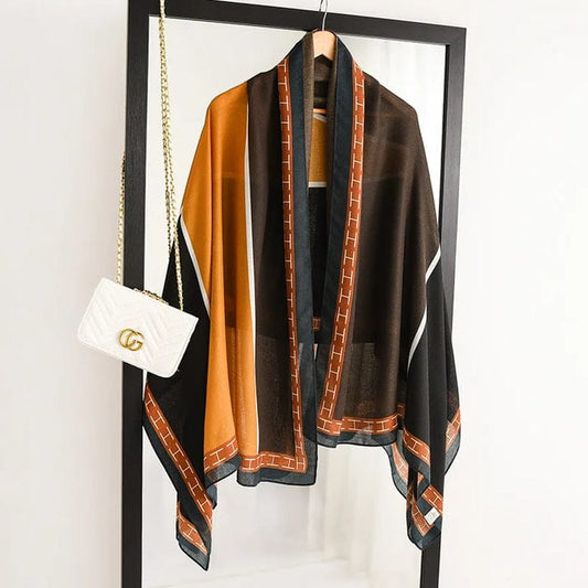 Architectural Color-Block Scarf in Ochre, Espresso, and Charcoal