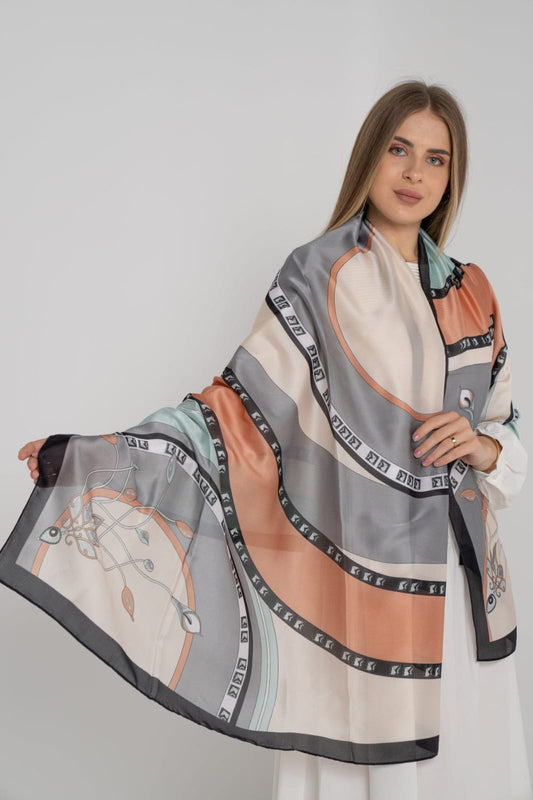 Abstract Geometric Satin Silk Scarf in Terracotta, Grey, and Mint