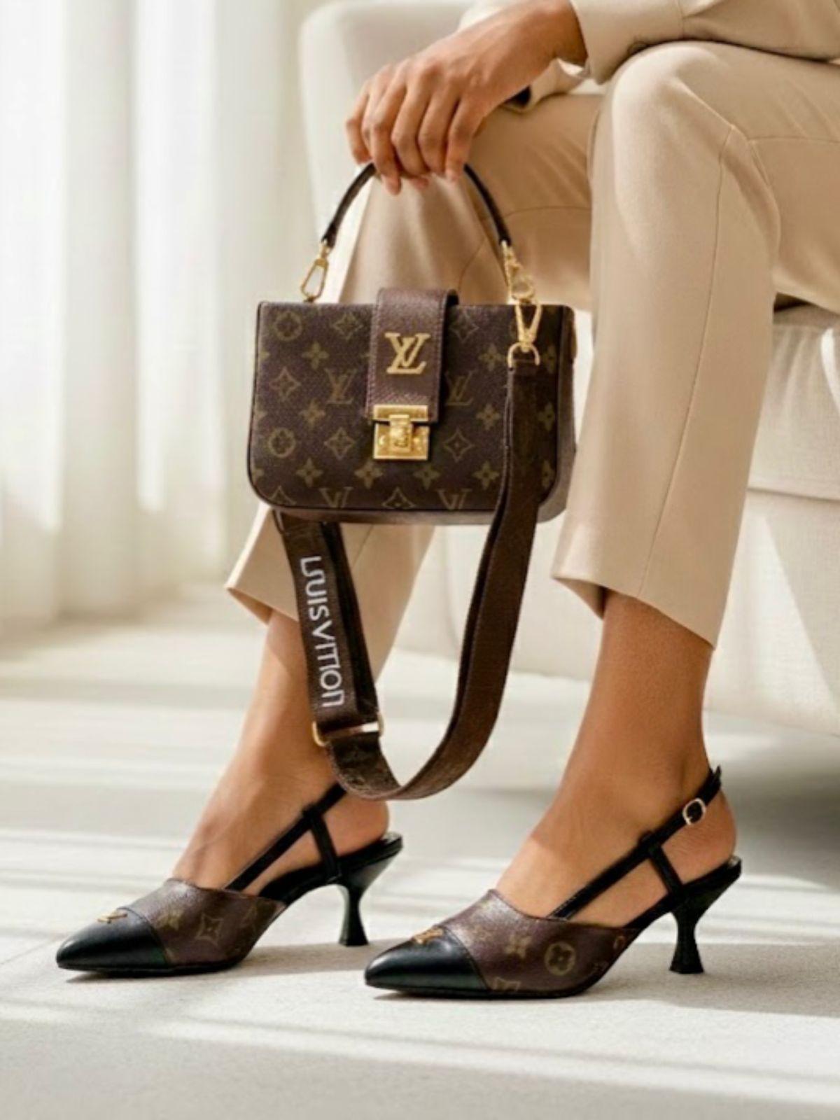 LV heel and crossbody bag set side view