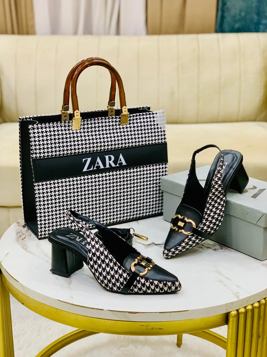 Zara Check Block Heel & Bag Set