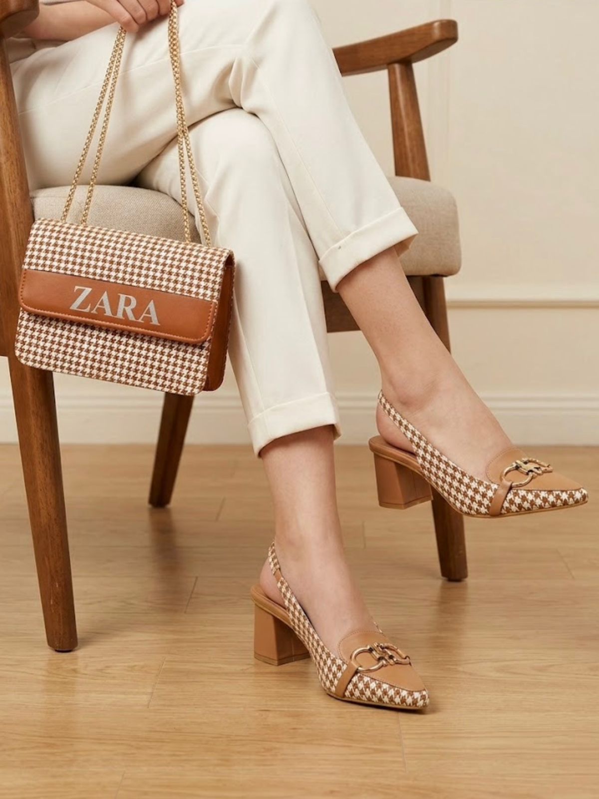 Zara Cheque Block Heel & Bag set