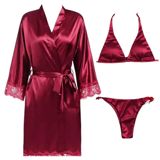Silk Gown Bikini 3 pc Set