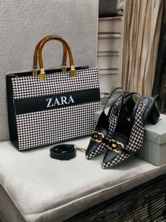 Zara Check Block Heel & Bag Set