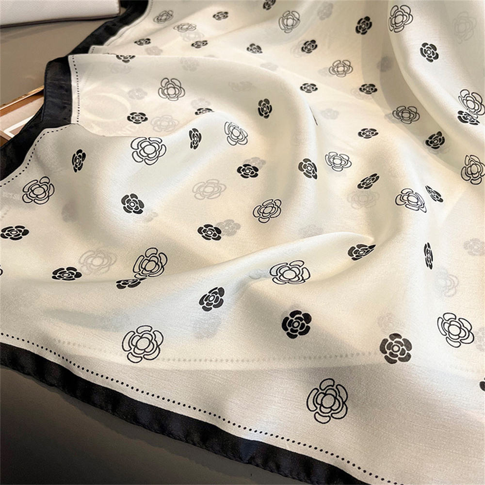 Elegant Camellia Monogram Satin Silk Scarf in Cream and Black