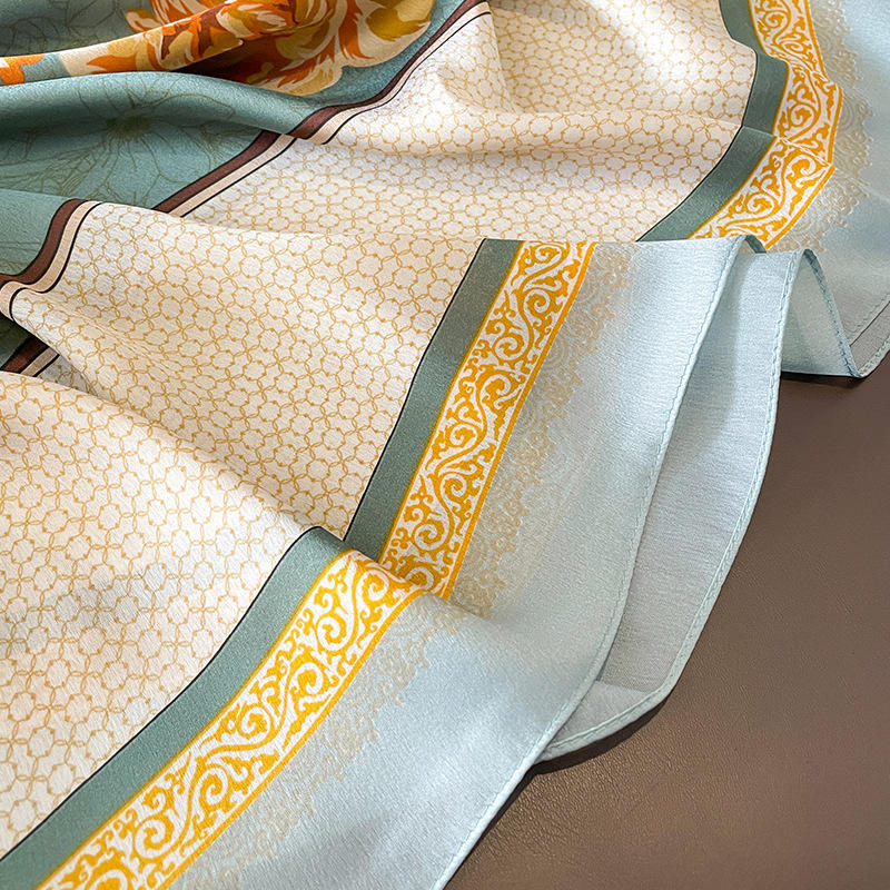 Luxe Labyrinth Monogram Satin Silk Scarf in Sand and Espresso