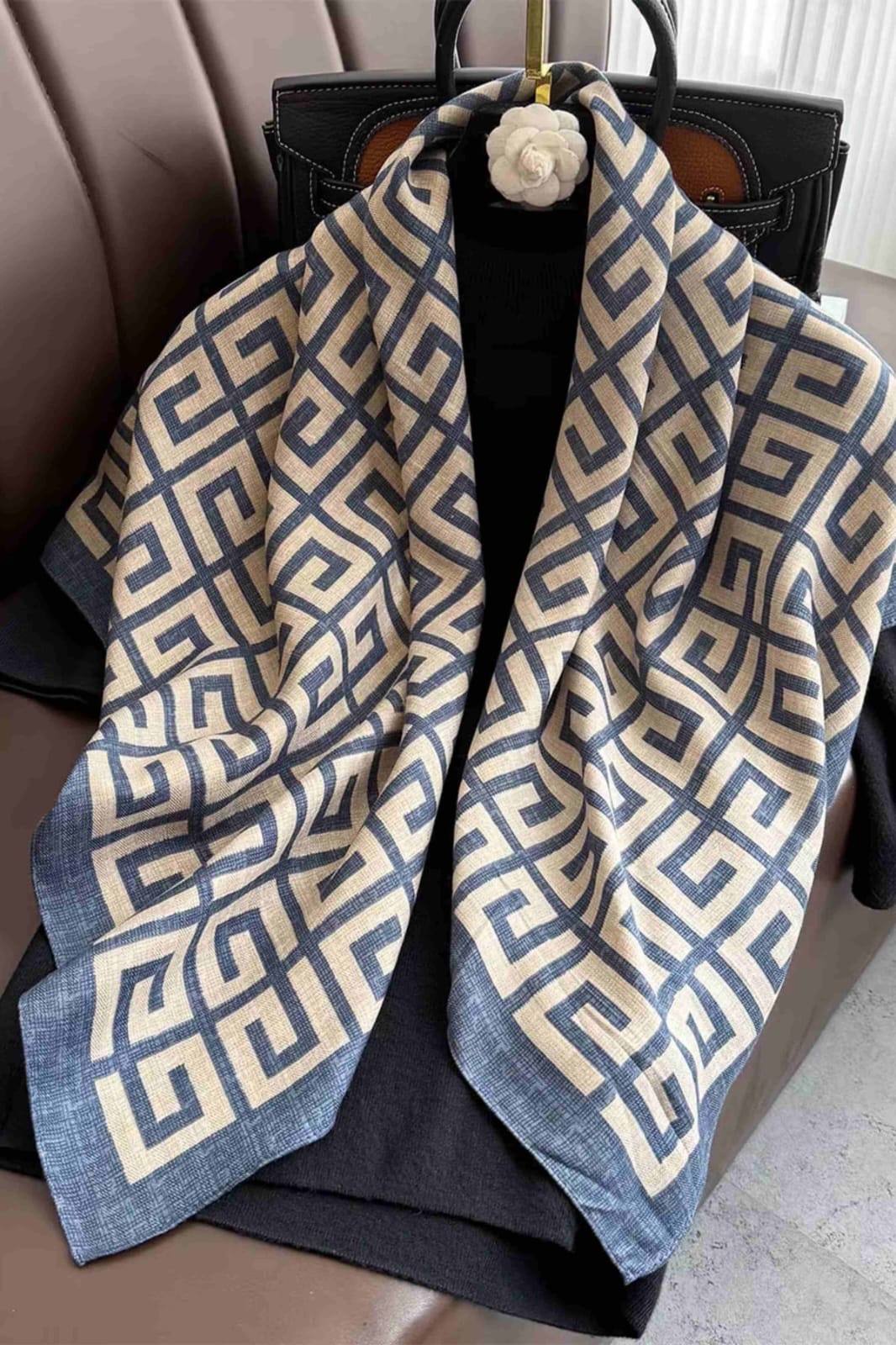 Artistic Abstract Satin Silk Scarf in Royal Blue and Ochre