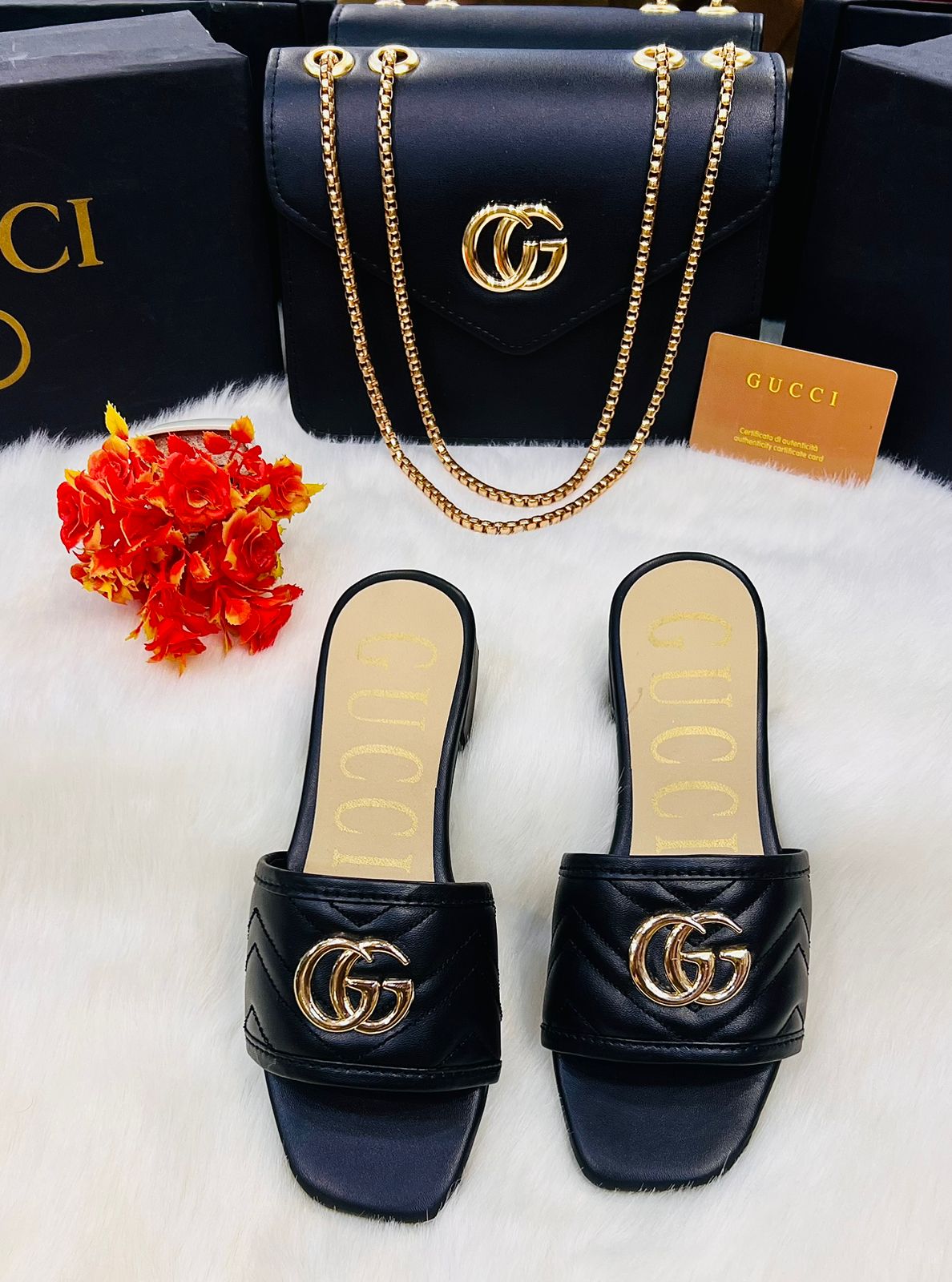 Gucci bag and Slipper