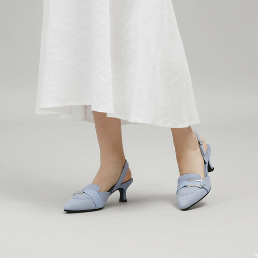 Denim Slingback Kitten Pumps