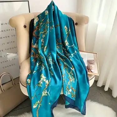 Artistic Almond Blossom Satin Silk Scarf in Teal and Azure