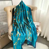 Artistic Almond Blossom Satin Silk Scarf in Teal and Azure