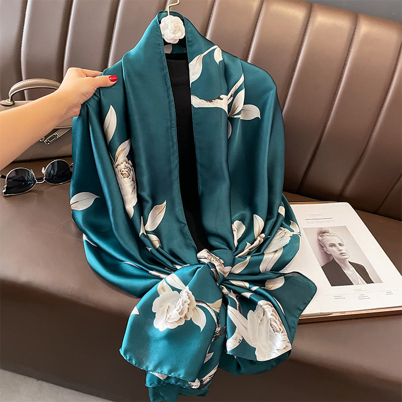 Elegant Emerald Camellia Satin Silk Scarf in Deep Teal