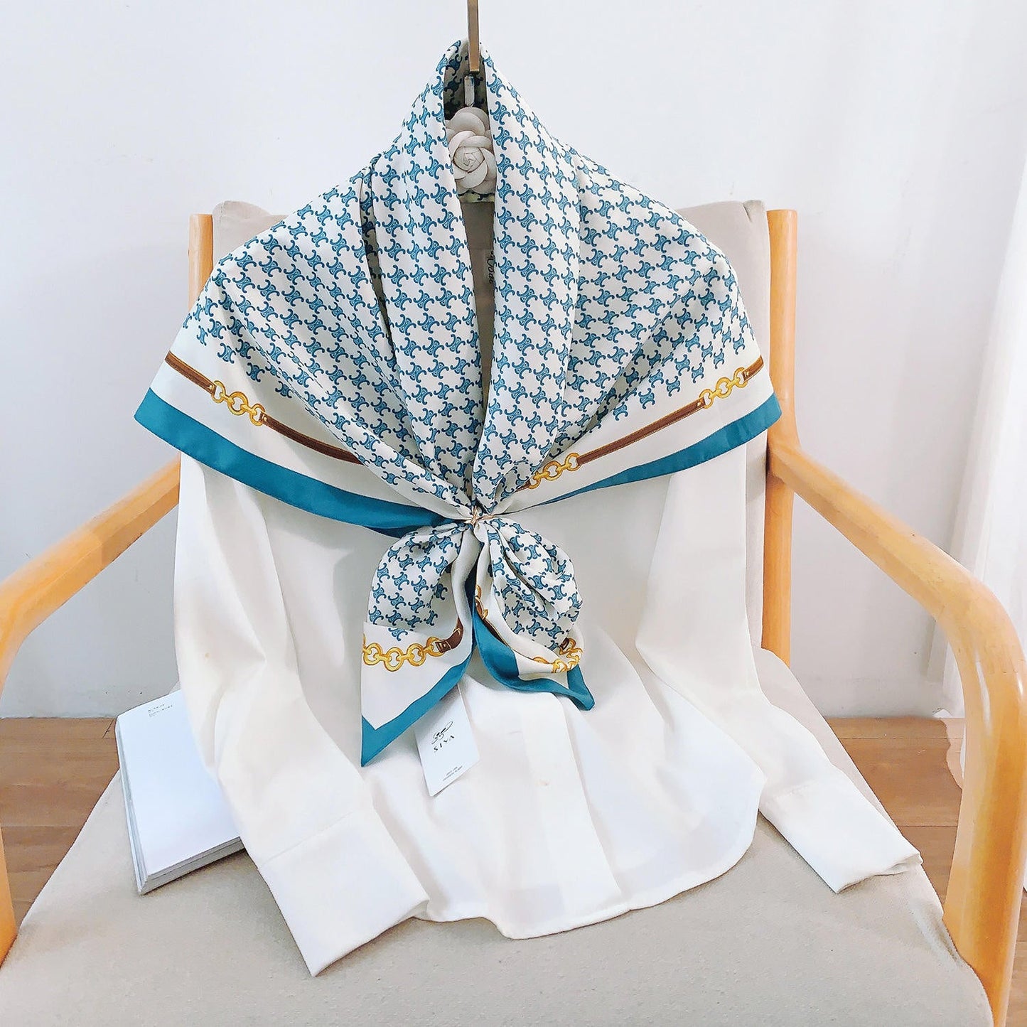 Vintage Monogram Satin Silk Scarf with Teal Border and Chain Motif