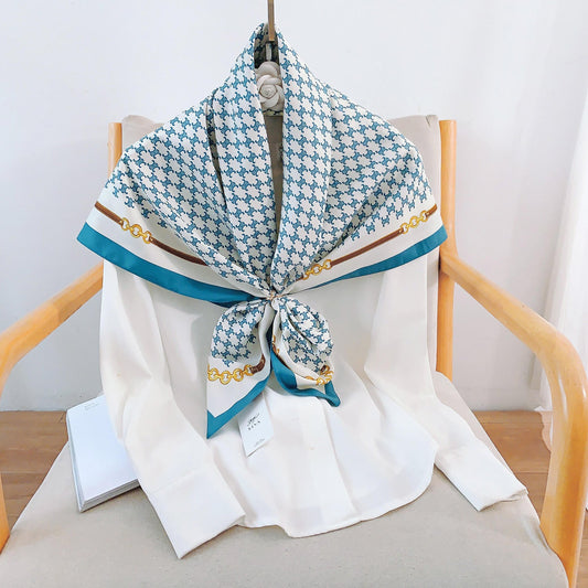 Vintage Monogram Satin Silk Scarf with Teal Border and Chain Motif