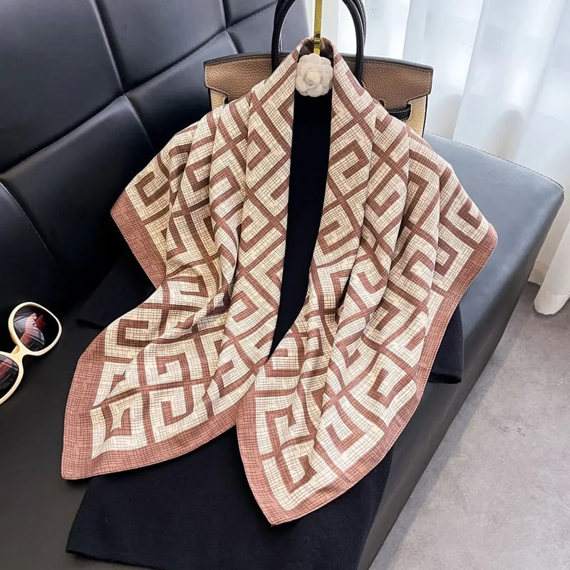 Luxury Beige Geometric Printed Silk Scarf for Women – Elegant Fashion Shawl
