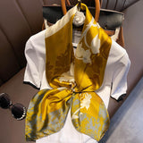 Mustard gold and cream botanical print silk-satin scarf