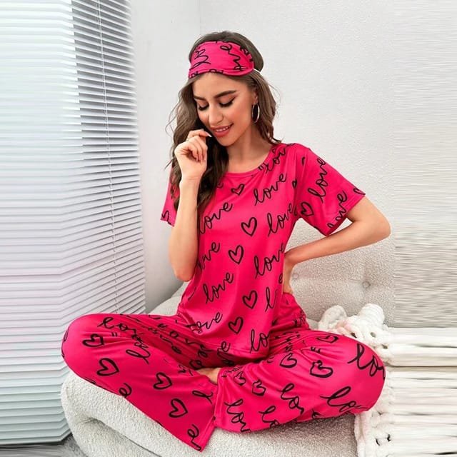 Shocking Pink Love   Printed Pj Suit