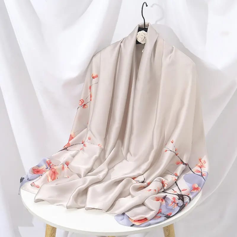 Elegant Cream Floral Print Silk Scarf for Women – Soft Lightweight Fashion Shawl