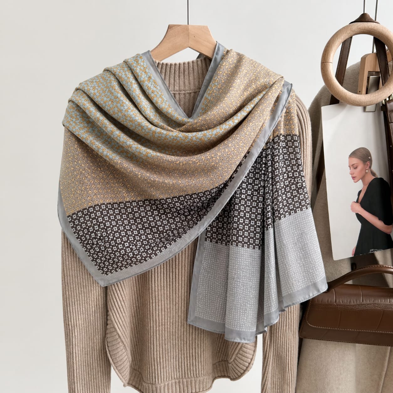 Grey and tan geometric pattern silk scarf with a bordered