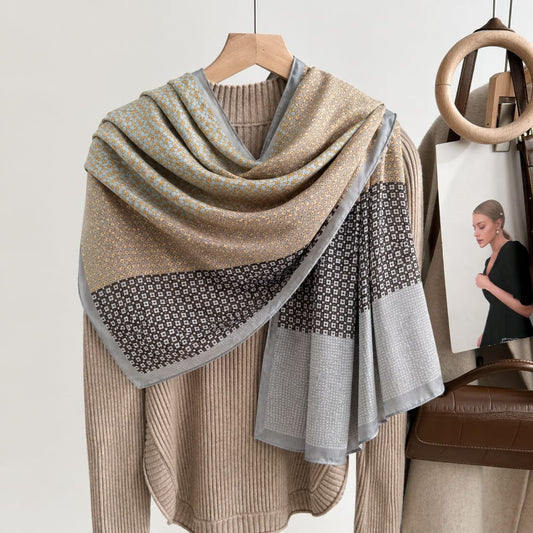 Grey and tan geometric pattern silk scarf with a bordered