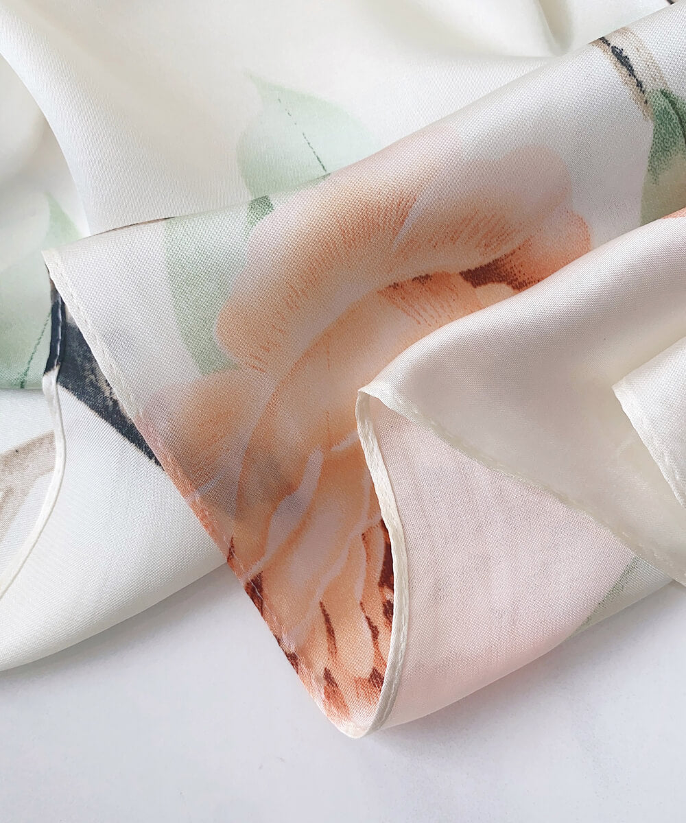 Cream silk-satin scarf with peach rose and green leaf botanical print