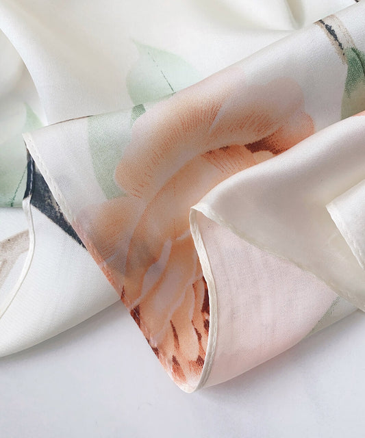 Cream silk-satin scarf with peach rose and green leaf botanical print