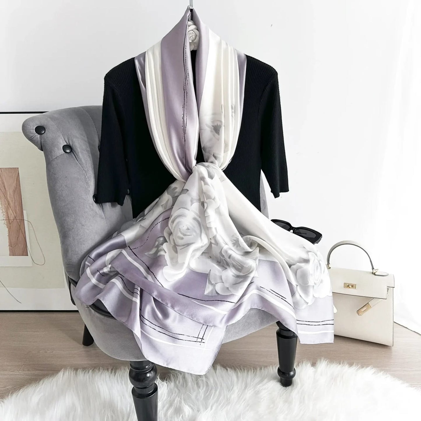Lavender and white silk-satin scarf with grey rose floral pattern and bordered edge