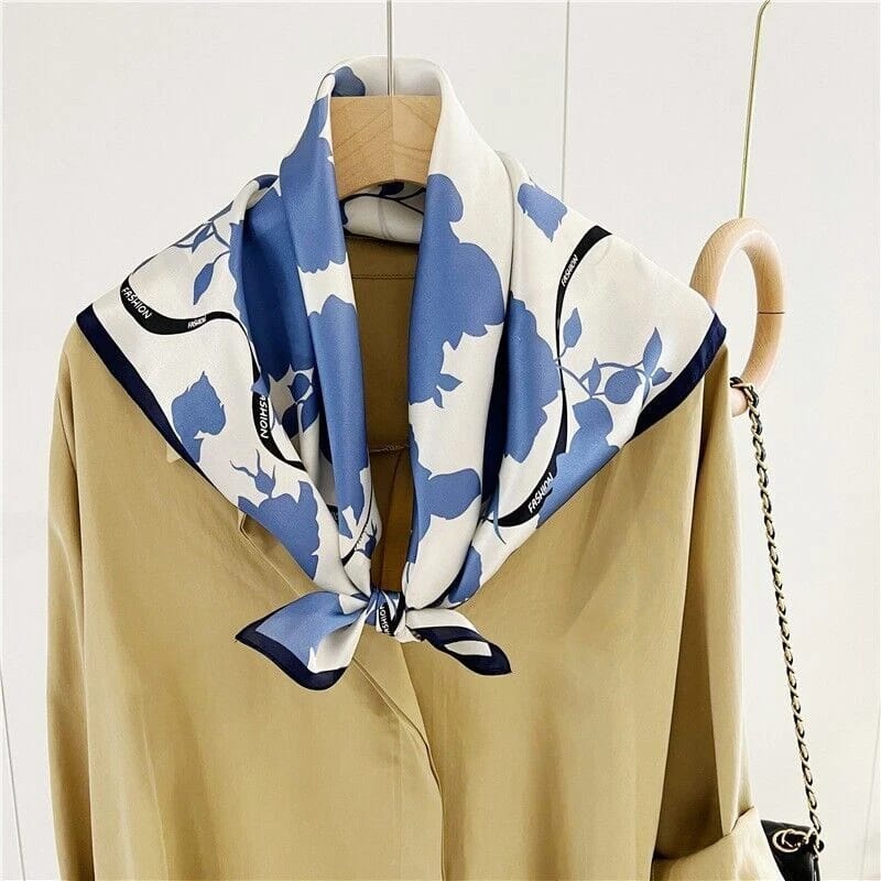 Blue and white floral print silk-satin scarf with navy blue border