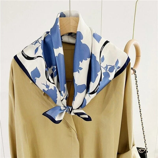Blue and white floral print silk-satin scarf with navy blue border