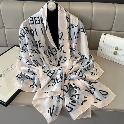 Chic Monogram Letter Print Satin Silk Scarf in White and Black