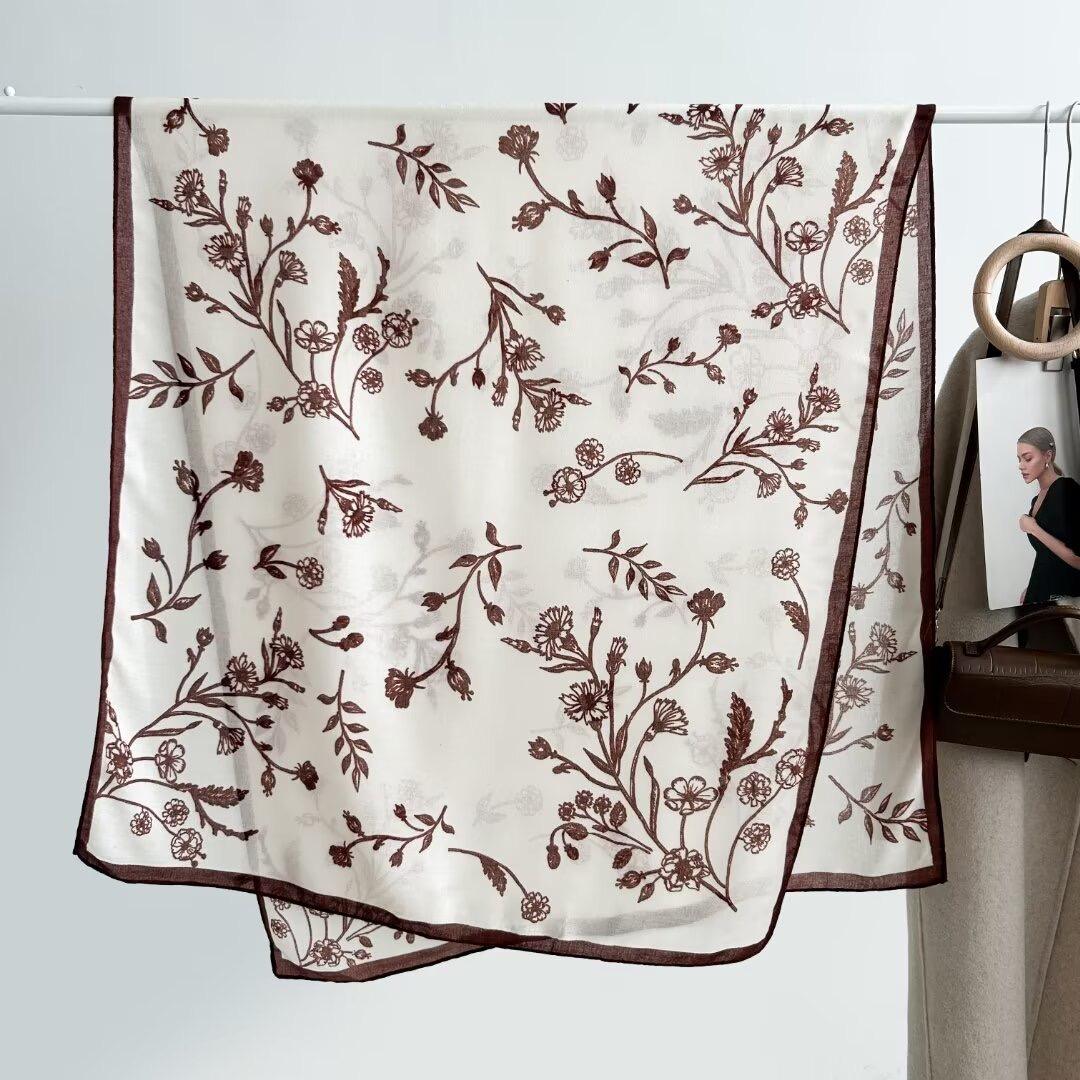 Elegant Botanical Satin Silk Scarf in Cream and Burgundy