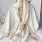 Cream silk-satin scarf with peach rose and green leaf botanical print