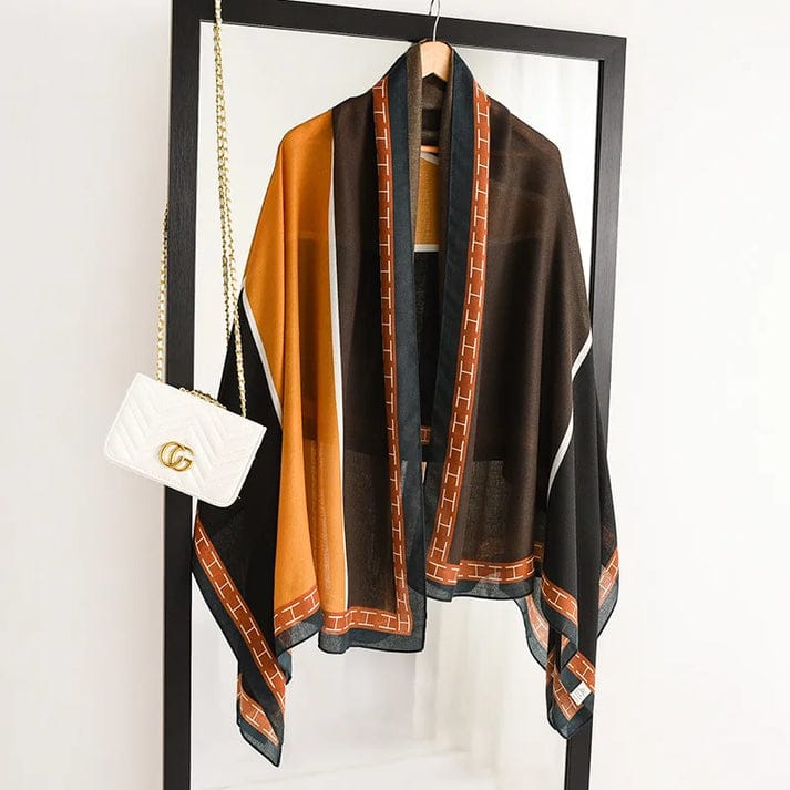 Architectural Color-Block Scarf in Ochre, Espresso, and Charcoal