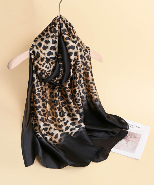 Classic Leopard Print Satin Silk Scarf with Black Ombre Border