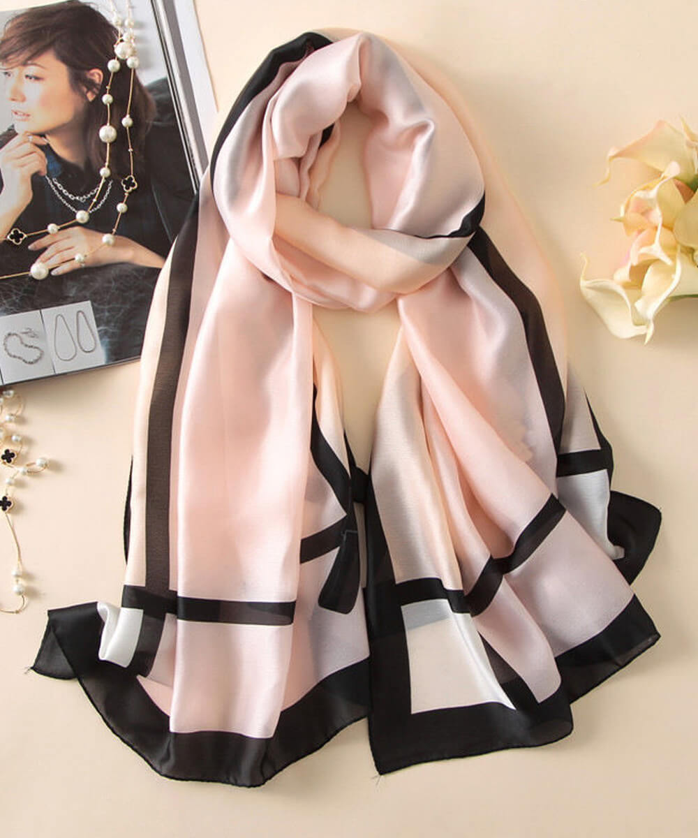 Minimalist Geometric Satin Silk Scarf in Blush Pink and Black