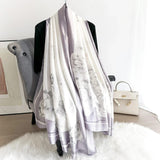 Lavender and white silk-satin scarf with grey rose floral pattern and bordered edge