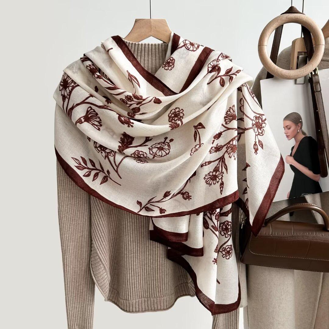 Elegant Botanical Satin Silk Scarf in Cream and Burgundy