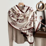 Elegant Botanical Satin Silk Scarf in Cream and Burgundy