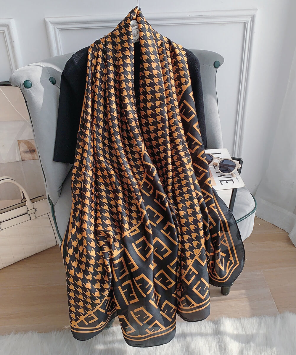 Black and orange houndstooth and monogram print silk-satin scarf