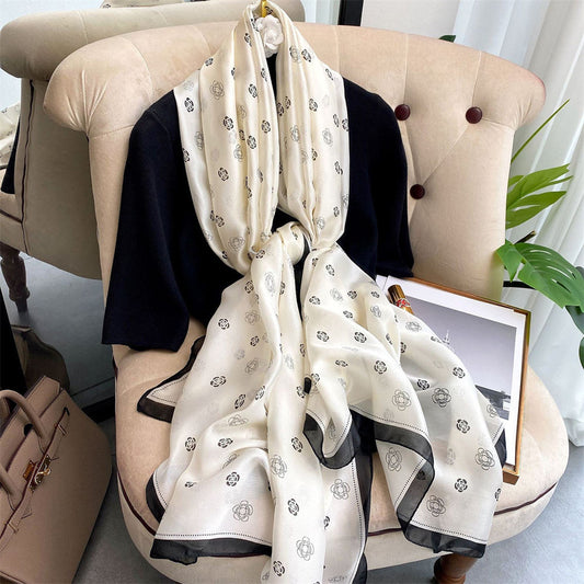 Elegant Camellia Monogram Satin Silk Scarf in Cream and Black