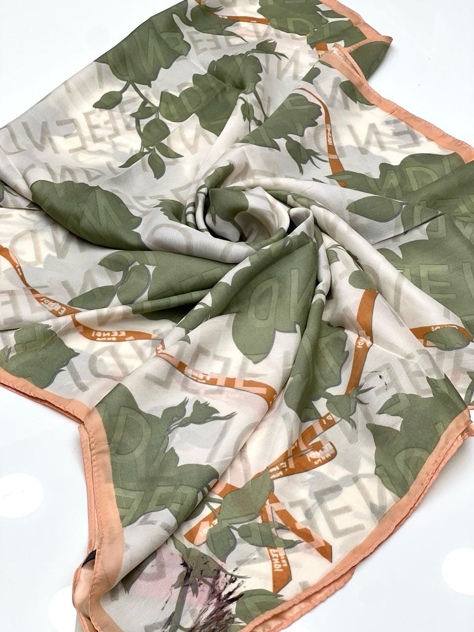 Sage green and peach botanical leaf print silk-satin scarf with peach border