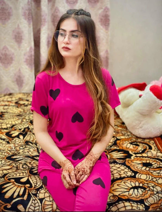 Shocking Pink With Black Big Heart Printed PJ Suit